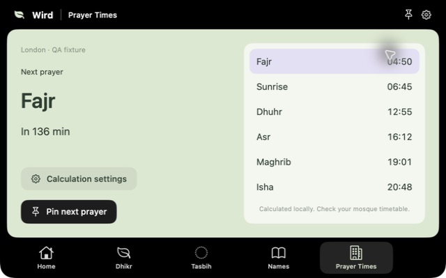 DhikrBuddy prayer timetable with next prayer and pin action