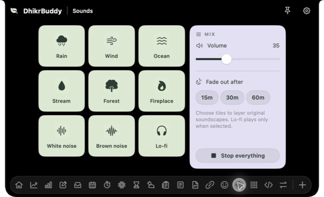 DhikrBuddy background sounds and individual volume controls