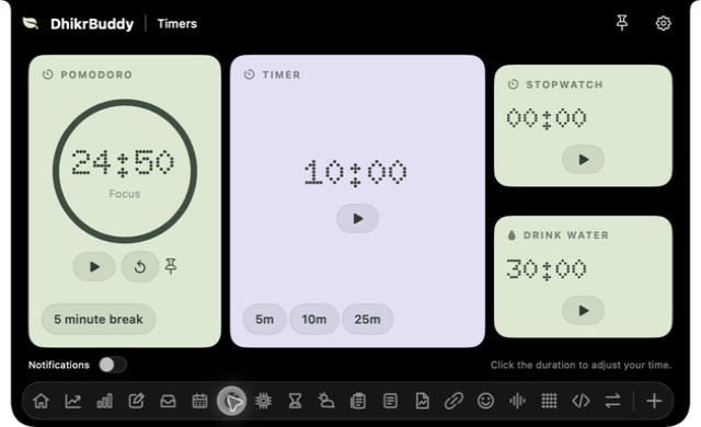 DhikrBuddy timers with Pomodoro, countdown and stopwatch