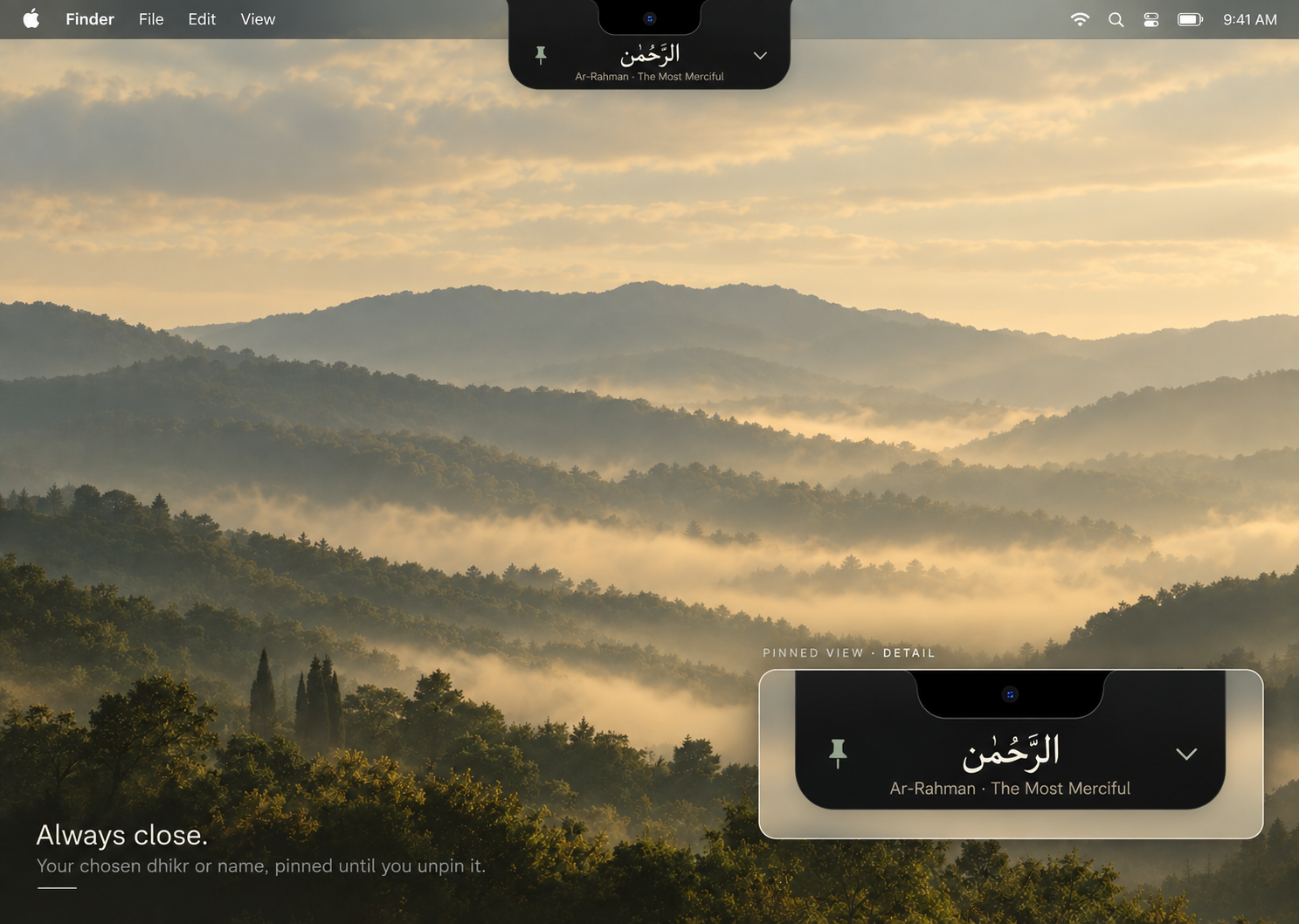 Product illustration of a source-linked name pinned at the top of a Mac desktop