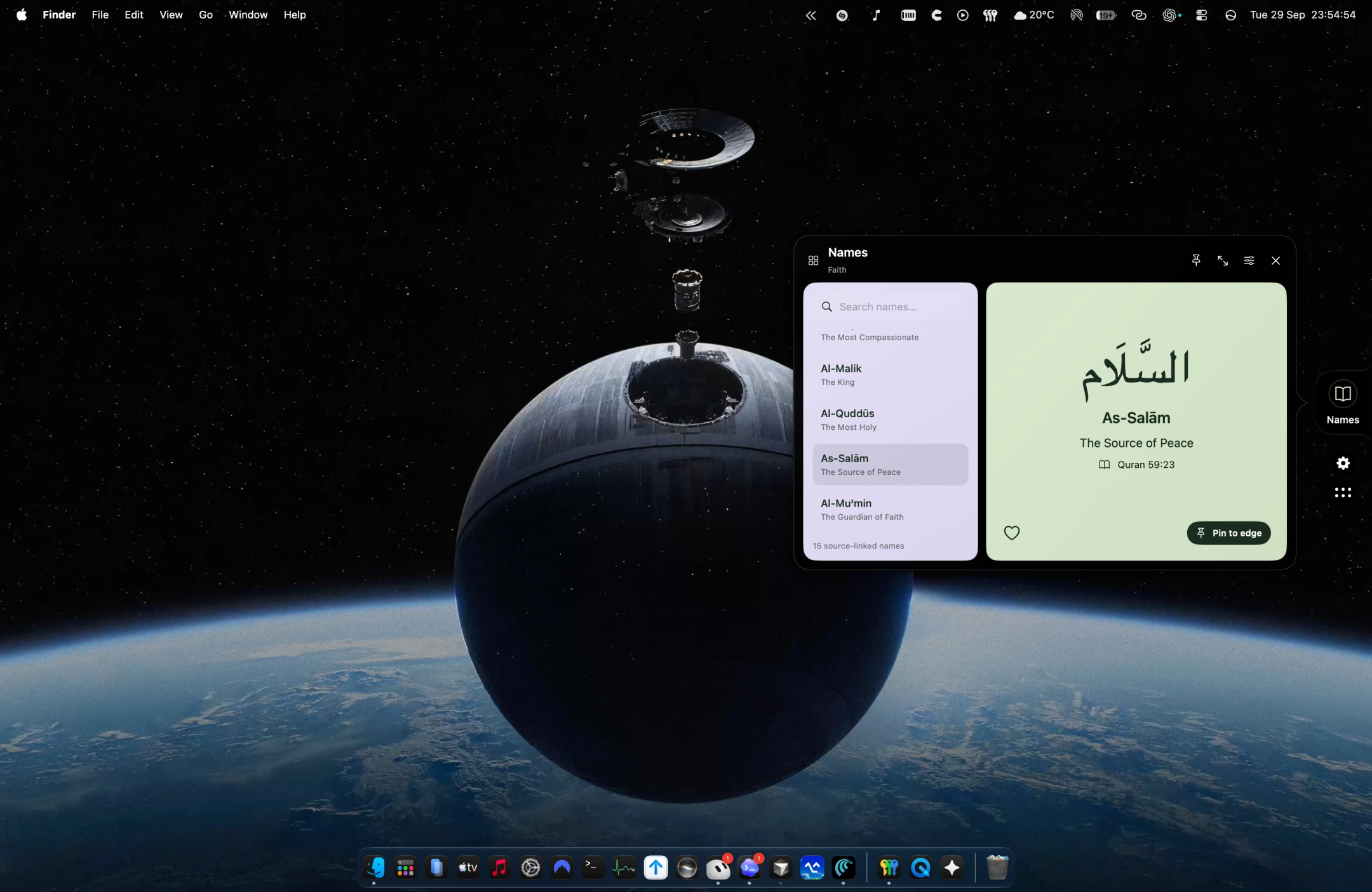 DhikrBuddy on a Mac desktop: the Names panel opens beside the right-edge sidebar, showing As-Salām, The Source of Peace, and Quran 59:23.